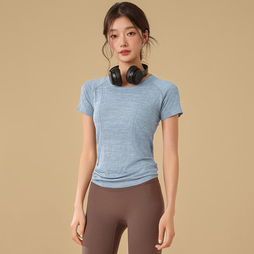 LULUUVTTOH Round Neck Slim Yoga Wear Women's Sports Top Slimming Breathable Running Quick-Drying Fitness Pilates Short Sleeve Haiyueyan M