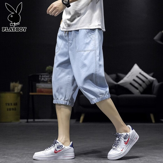 花花公子（PLAYBOY）牛仔裤男士2025夏季新款薄款七分裤潮流休闲宽松大码哈伦短裤男款 937深蓝 L 【111-120斤】