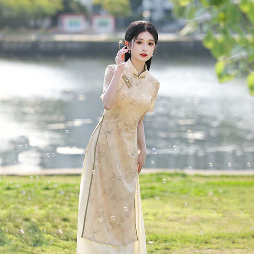 New Chinese style Ao Dai cheongsam, an elegant style for young girls that can be worn daily to cover the flesh and look slimming, retro dress J1324, apricot 2XL (125-135Jin Jin is equal to 0.5kg)