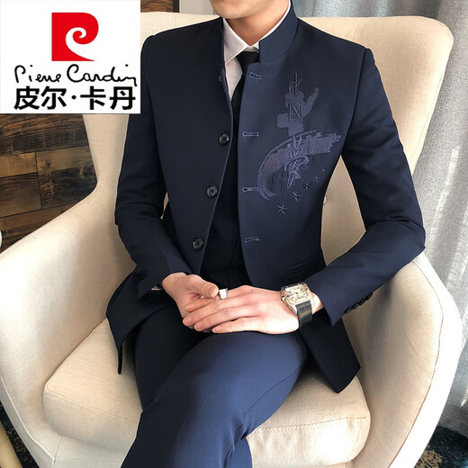 皮尔卡丹（pierre cardin）中山装男立领修身韩版潮青年中国风西装男士套装休闲西服唐装外套 黑色【西服+裤子+马甲+衬衫】送 2XL (135~150斤)