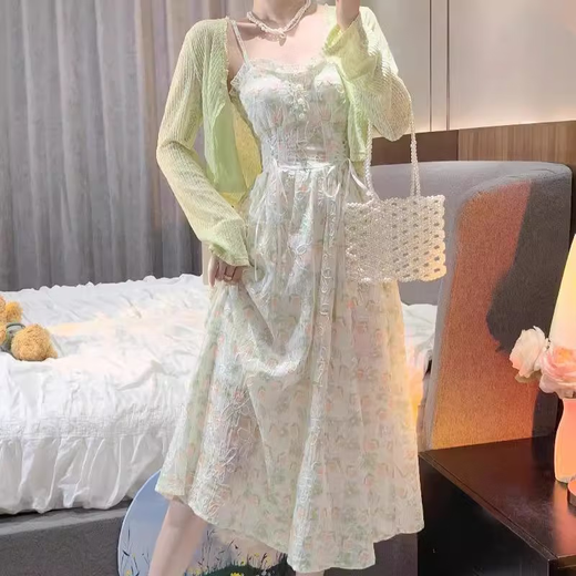 凡小如碎花吊带连衣裙女高级感套装两件套春夏法式中长款温柔风气质女装 开衫+吊带裙两件套 L 【建议105-115斤】