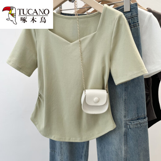 Carpintero de carpintería gran tamaño grasa de mujeres MM Summer Nuevo estilo 2025 Collar cuadrado Tamita de manga corta Diseño de hombro de moda Top 13701 4xl Recomendado 176-190Jin [Jin es igual a 0,5 kg]