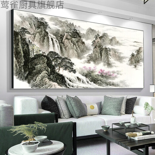 茶室挂画中式书法字画办公室风景山水墨画客厅茶桌背景墙装饰壁画 CT-3887【背有靠山】 长210*90cm 【油画布】黑色铝合金外框