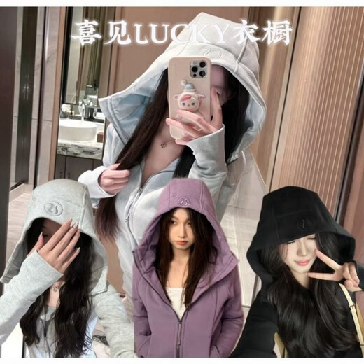 lulu露露卫衣scuba刺绣连帽加绒韩版修身运动拉链外套秋瑜伽服 金标杂白 L 8
