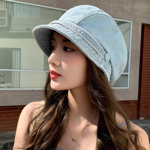万佳臻大头围帽子女款2025新款牛仔贝雷帽堆堆渔夫帽三合一夏季出勤通用 复古贝雷堆堆帽【浅蓝】