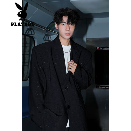 Playboy (Playboy) Anzug Jacke Herren sternbedeckte schulter gepolsterte Look gutaussehende Style Anzug Haarstylistin trägt Verlobungsjacke schwarz l