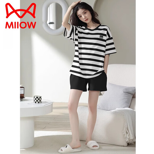 猫人（MiiOW）纯棉睡衣女夏季短袖短裤薄款大码家居服条纹可外穿套装2025年新款 HMT-844【黄色】 2XL (推荐体重：140-160斤)