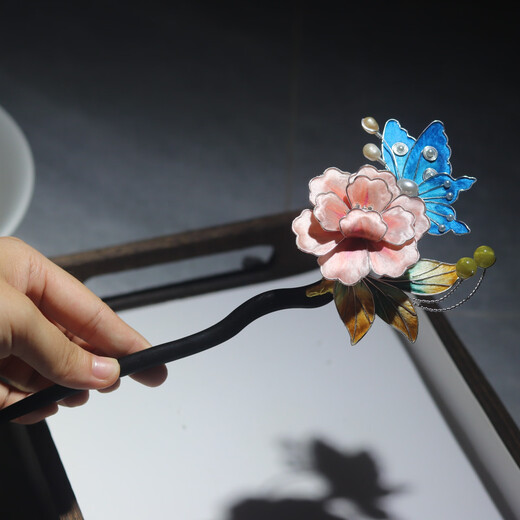 Meng Junchen Intangible Cultural Heritage Cloisonné Flower Silk Rich Peony Flower Ancient Style Hanfu Cheongsam Ebony Wood Hairpin Headdress Style 1