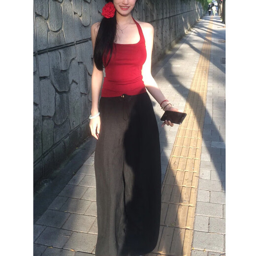 麓格立挂脖吊带背心女带胸垫复古港风纯欲辣妹修身显瘦U领红色打底上衣 挂脖吊带【酒红色】95-120斤