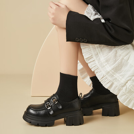 Qifanni flavan.fv semelle épaisse chaussures en cuir surélevées pour les femmes au printemps nouveaux talons épais semelles molle non glissée de style collégial pour filles chaussures en cuir décontractées 1289-2 noir 38 (240 mm)