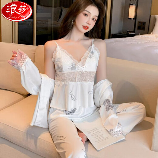 浪莎（LangSha）冰丝睡衣三件套女春秋薄款长袖吊带长裤蕾丝花边性感家居服带胸垫 12041短.袖+吊带+短裤 M 建议80-100斤】