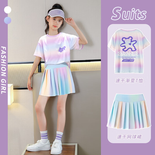 
McTicco Girls Sports Quick Dry Clothes Set Children's Summer Ice Silk Tennis Skirt Big Children's Summer Short Sleeve Badminton Training Suit 9852 Gradient Color + 4352 Gradient 150 150cm