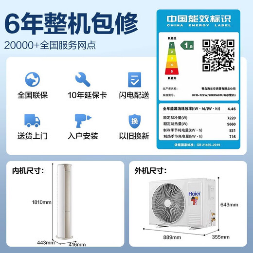 Haier air conditioner package purchase complete vertical cabinet machine three rooms and one living room energy-saving frequency conversion new level energy efficiency cooling and heating household three rooms and two living rooms self-cleaning Jingchang hang-up unit + Jingyue cabinet unit three rooms and one living room full first-level energy efficiency 3 hp cabinet unit + 1.5 hp on-hook unit *3