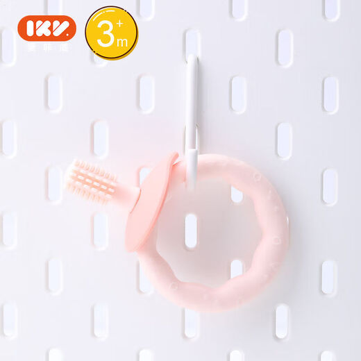 IKV donut teether baby toothbrush cleans the mouth baby molar stick silicone bite teether + anti-chain pink