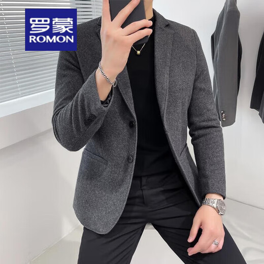 罗蒙（ROMON）2025秋冬毛呢西装男外套短款韩版修身休闲西服领毛呢大衣男 X829双排扣西装 黑色 2XL 【高质感 百搭】