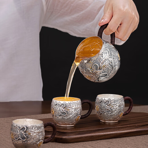 Silver Age Silver Tea Set 999 Pure Silver Set Tenglong Spit Pearl Gift Seiko Embossed Pure Silver Tea Set 1 Pot 3 Cups Approximately 544 Grams