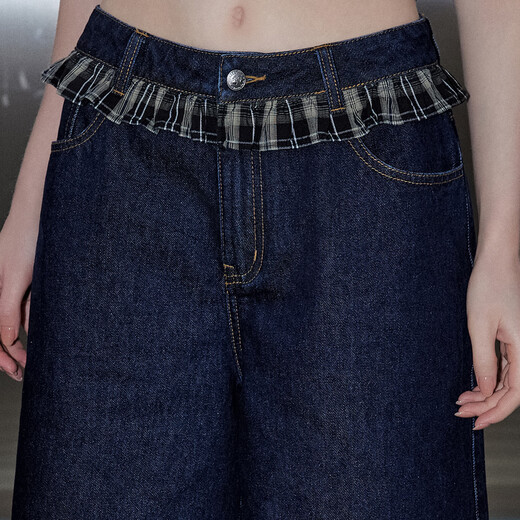 UNIFREE Retro Primary Color Wash Straight Jeans Women's Femme's vérifié Spliced Pantalon en cinq points M