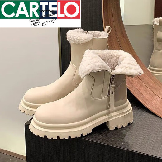 
CARTELO white snow boots women's fur integrated 2025 winter thick sole plus velvet thickened medium tube Martin short boots cotton shoes beige 37