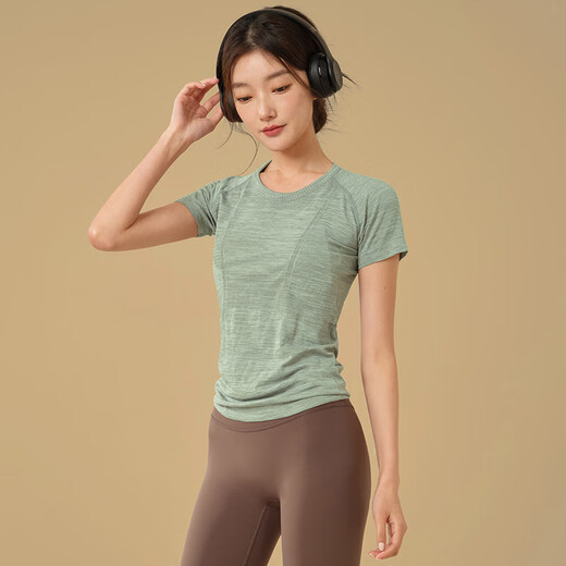 LULUUVTTOH Round Neck Slim Yoga Wear Women's Sports Top Slimming Breathable Running Quick-Drying Fitness Pilates Short Sleeve Haiyueyan M