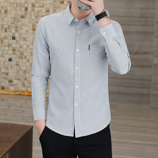 Seven Wolf (SW1960) Langarm Shirt Herren Spring Trendy Brand Slim Free Iron Casual Top 2025 Frühling und Herbst Neu gestreifte Hemdjacke 733 Gray M.
