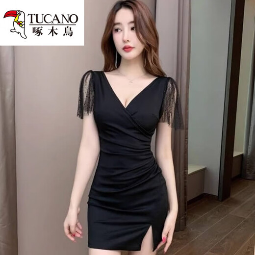 啄木鸟性感连衣裙女深V礼服KTV足浴技师工作服包臀裙上班衣服 3883黑色 S 建议80-95斤