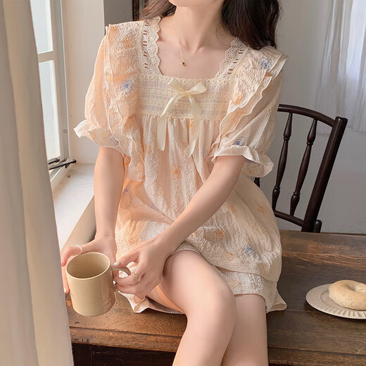
Catman princess style summer cute pure cotton short-sleeved pajamas girl sweet loose home clothes 3524-Little Bear Blue M