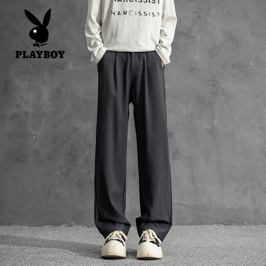 Playboy (PLAYBOY) pure cotton trousers for boys, straight, loose and drapey, spring and autumn casual trousers, American high-waisted suit trousers, dark gray S