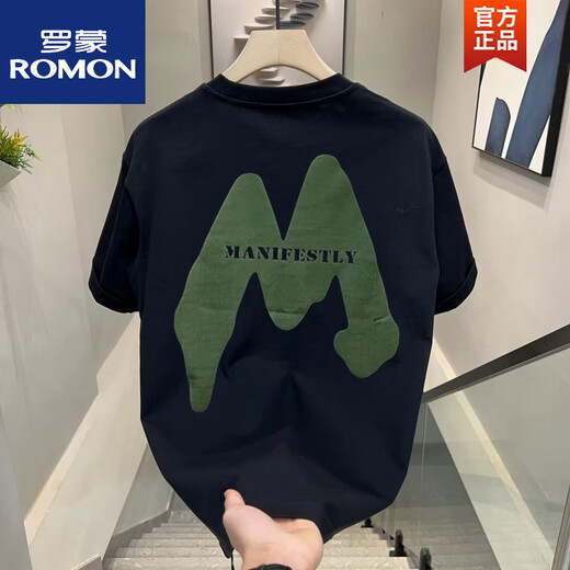 ROMON (ROMON) 2024 casual men's short-sleeved pin T-shirt summer half-sleeved cotton trendy brand loose versatile top T V983 black L