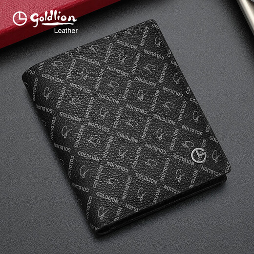 Goldlion Wallet Herren Trendy Card Bag Short Wallet Herren echter Leder Clip -Modemarke -Print Geschenkbox für Freund Ehemann Schwarz ein Stil