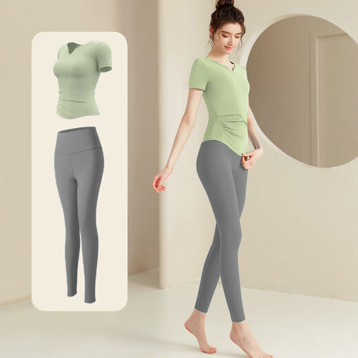 Hui'ang Sports Set Women's Yoga Suit Sports Running Fitness Suit Quick Dry Clothes T-shirt V-neck Short Sleeve Trousers Green Gray XL
