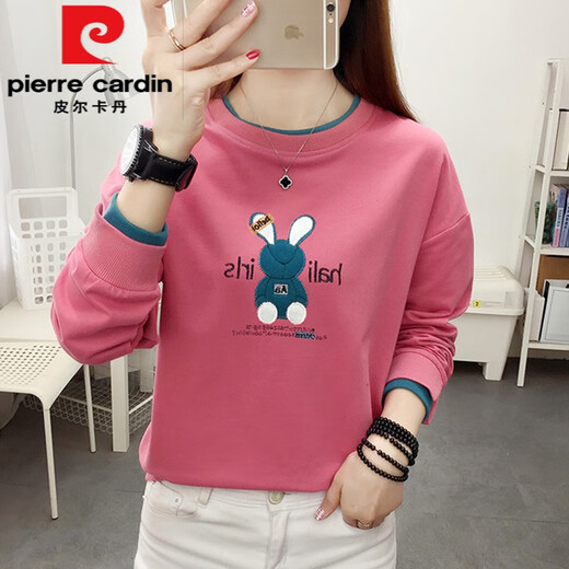 皮尔卡丹（pierre cardin）2025年新款春季套头女款圆领女士卫衣春秋薄款大码长袖上衣服女装 蓝色6187 M 适合85-100斤