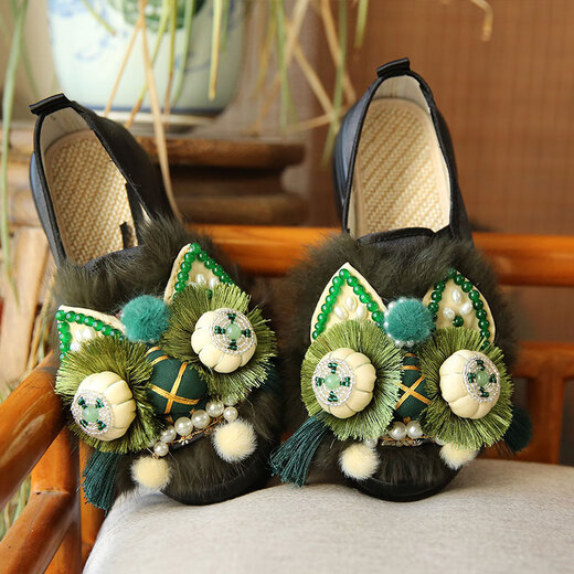 娟的绢厚底增高民族风布鞋女鞋春季新款原创虎头绣花鞋女配马面裙懒人鞋 黑绿色 36