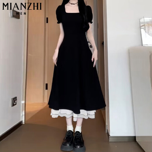 
Cotton Hepburn style black French short-sleeved dress for women in summer new style slim Guangzhou thirteen-row gentle style long skirt black long style [1595 high quality 29.5] XL 115-130Jin [Jin equals 0.5 kg]