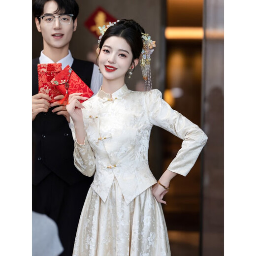 VZVY新中式香槟色敬酒服2025春季新款轻奢高端新娘结婚订婚晚礼服长袖 香槟色 轻奢短.袖款 zyl1125 L （建议105-112斤）
