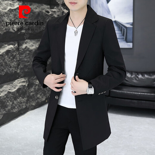 皮尔卡丹（pierre cardin）男士风衣中长款春季新款春秋装外套修身休闲西装男款大衣服西服潮 7702黑色 L (110-130斤)