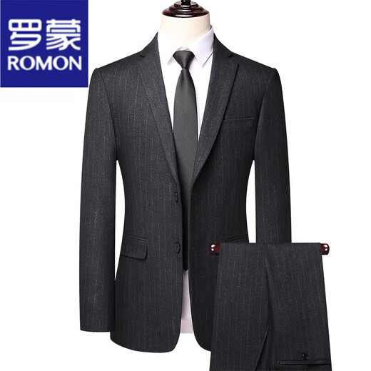 罗蒙（ROMON）条纹西装男士套装正装职业结婚新郎礼服修身商务休闲伴郎西服外套 黑灰8983 【单件上衣】 170【建议95-115斤】 M
