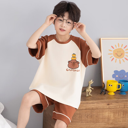 Children's pajamas boy pure cotton summer short-sleeved cute cartoon medium-sized boy boy home clothes suit summer cotton TN691# 130 size 14 (height 125-135cm weight 60Jin [Jin equals 0.5 kg])