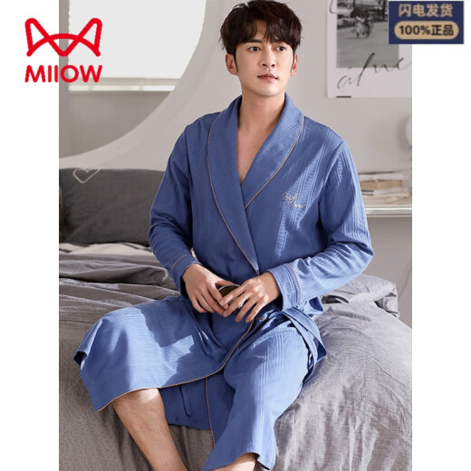 Catman MIIOW waffle bathrobe men's spring and autumn pure cotton medium-length men's nightgown 2025 new absorbent integrated bathrobe LJ96827 M [weight 100-120Jin [Jin equals 0.5 kg]]