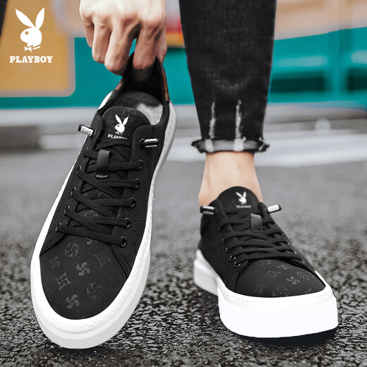Playboy (PLAYBOY) men's shoes 2025 summer canvas shoes men's breathable board shoes ice silk casual sneakers black 41