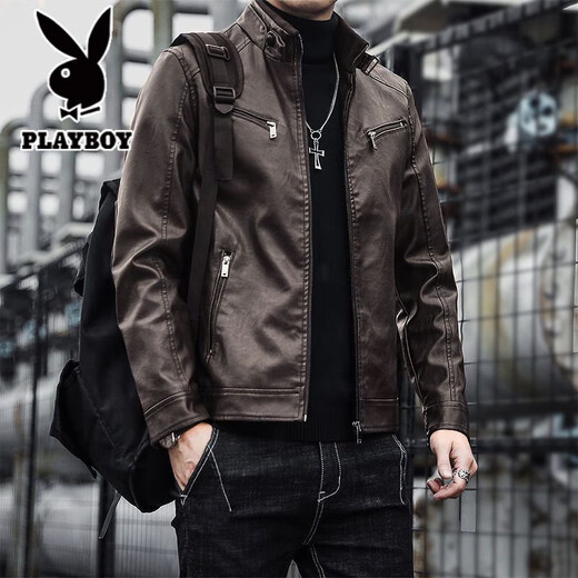 Playboy Leather Jacket for Men Spring 2025 New Haining Anti-Genuine Leather Korean Slim Motorcycle Jacket Leather Jacket for Men Youth Jacket Trendy Brown Velvet 3XL 160-175Jin Jin is equal to 0.5 kg