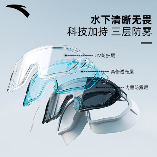 ANTA swimming goggles, large-frame high-definition anti-fog swimming goggles, men's and women's swimming goggles, swimming cap set, myopia optional swimming goggles, dark night/black, flat light