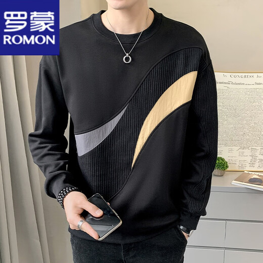 罗蒙（ROMON）长袖t恤男春秋冬季新款卫衣加绒保暖休闲宽松百搭套头圆领打底衫 7371白色 M 【90-110斤】