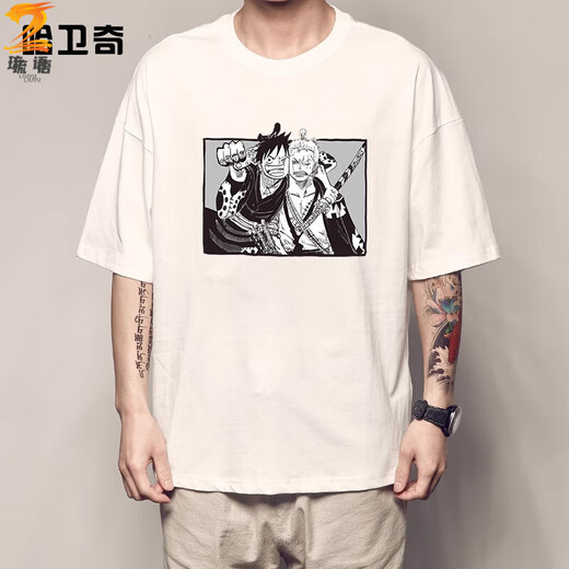 Liuyu 2025 new One Piece Luo Luffy T-shirt men's cotton short-sleeved Sanji white beard Ace Chopper peripheral clothes White F1283 Zoro S