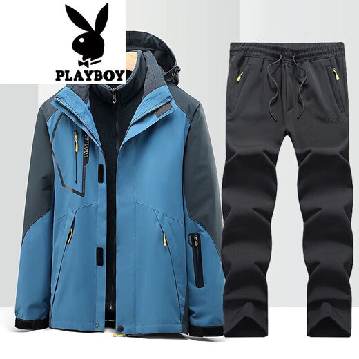 花花公子（PLAYBOY）夹克外套男秋冬季防风冲锋款衣裤套装男三合一两件套登山服 MK-1203黑色+8369黑色 XL 建议140-160斤