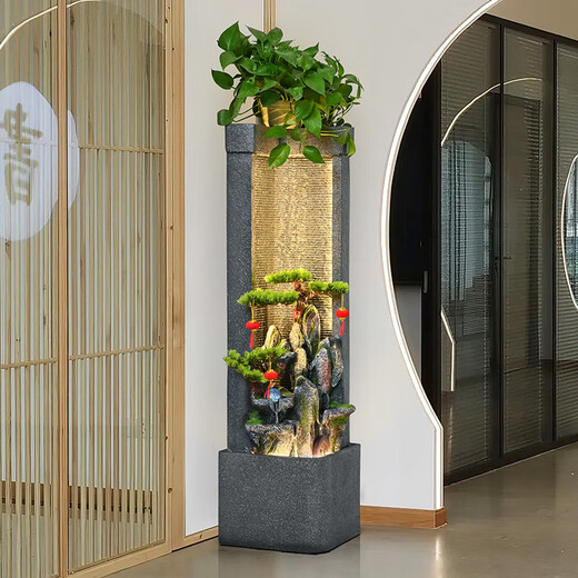 Hougu Decoration Home Rockery, Fish Pond, Waterfall and Flowing Water Ornaments Floor-to-ceiling Living Room Office Feng Shui Lucky Circular Water Curtain Wall Opening Gift Fresh and Elegant Green Plants