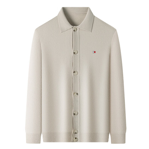 TOMMY JOHN美国汤米纯色羊毛开衫男春秋装翻领保暖毛衣时尚外套男针织打底衫 米色 专柜品质，质量保证 2XL 180 建议160-175斤
