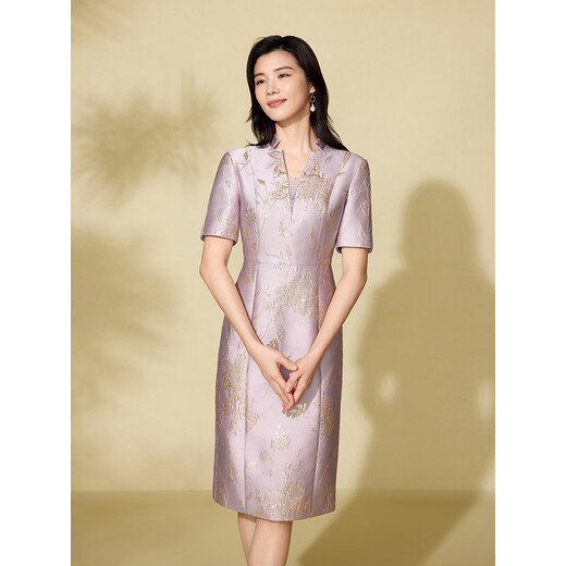 粉蓝衣橱2025夏装新款双色金丝提花改良V领喜婆婆轻礼服连衣裙女552L686 云雾紫 L
