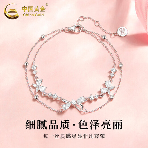 CHINA GOLD S925 silver bow double-layer bracelet for women, light luxury niche hand jewelry, Valentine's Day birthday gift for girlfriend, delivery today/next day, bow double-layer bracelet