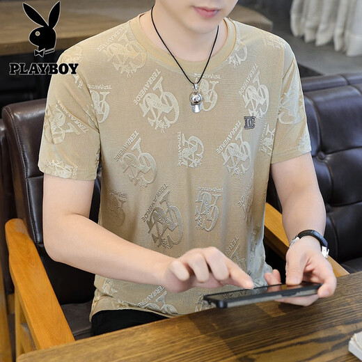 Playboy (PLAYBOY) ice silk short-sleeved T-shirt men's summer high-end hot diamond cool jacquard T-shirt trendy versatile half-sleeved top 753 black XL recommended to wear 130-150Jin [Jin equals 0.5 kg]