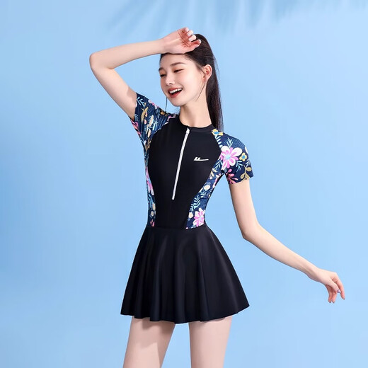 回力连体泳衣女保守泡温泉短袖游泳衣女士游泳馆运动装14107H 藏蓝泳衣+手机袋 M （建议体重80-95斤）